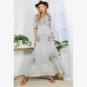 Young Threads gray floral patchwork kantha boho pocket embroidered maxi dress